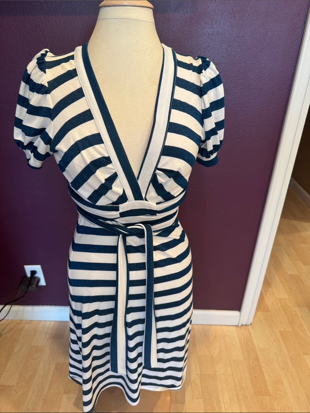 Voom by Joy Han Navy and Cream Striped Midi Wrap Dress